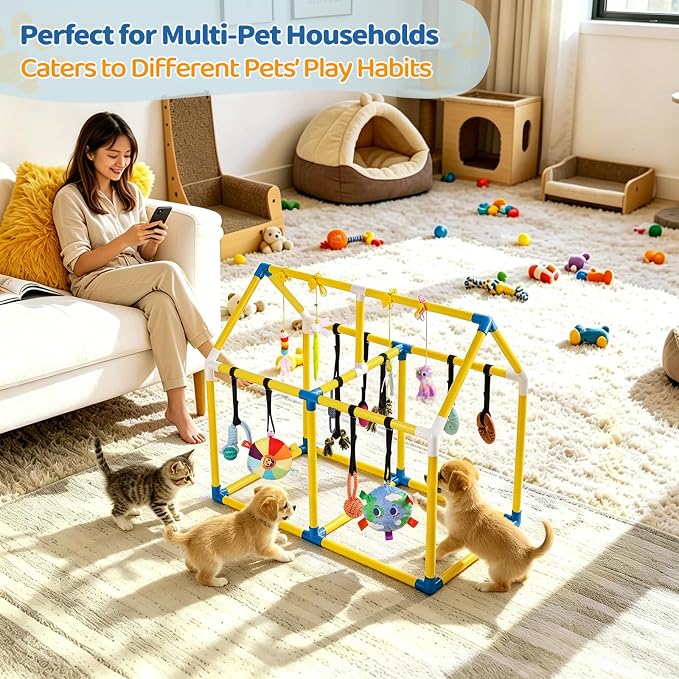 Liitrton Puppy Play Gym for Small Dogs & Kittens, Large PVC Yellow Frame | Indoor Puppy Jungle Gym with 14 Hanging Enrichment Toys, Reduce Puppy & Cats Boredom