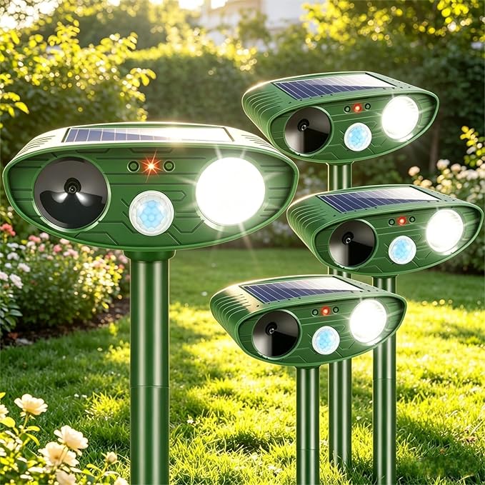 4 Pack Solar Ultrasonic Animal Repellent Animal Deterrent Devices Outdoor IP65 Waterpfoof with Motion Sensor & Strobe Light- Keep Deer,Cats,Squirrels,Dogs,Raccoons,Rabbits,Skunks Away from Garden Yard