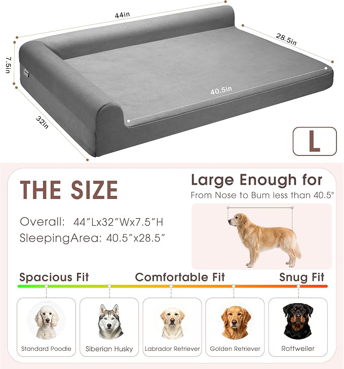 Gel Memory & High-Density Foam Orthopedic Dog Bed 44x32x7.5 Large | | Double Waterproof Cover | Machine Washable | Non-Slip Base | Fur-Resistant Tech Fabric|
