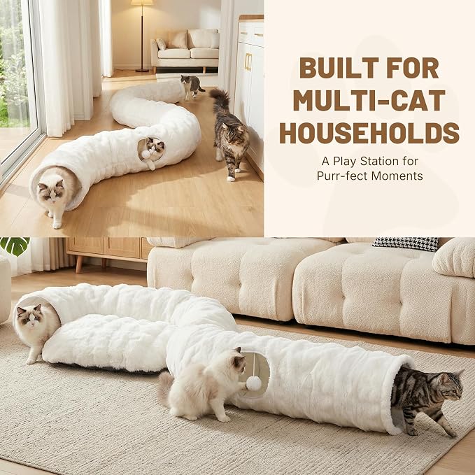 Extra Large Cat Tunnel, 47.2in Luxury Tunnel for Large Cats | Extra Long Bubble Fleece Big Cat Tunnel with Washable Mat, Skin-Friendly Large Tunnel for Cats, Puppy, Rabbits White