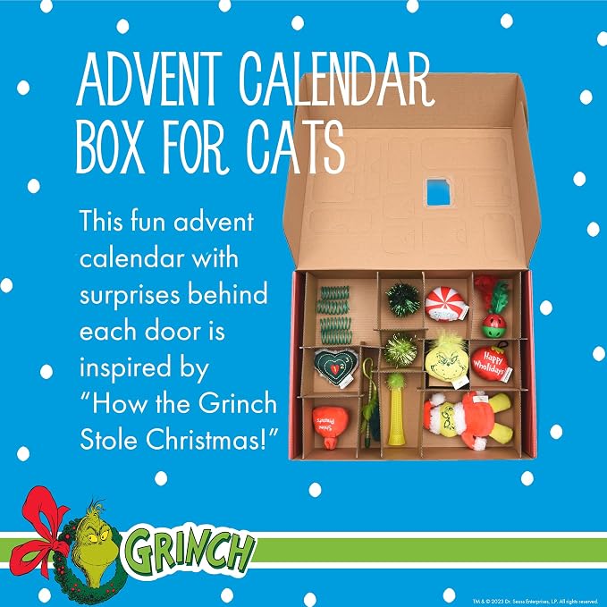 Dr. Seuss for Pets How the Grinch Stole Christmas Cat Advent Box with 12 Surprise Toys and Accessories Cat Stocking Stuffers, Cat Christmas Gifts, Christmas Gifts for Cats