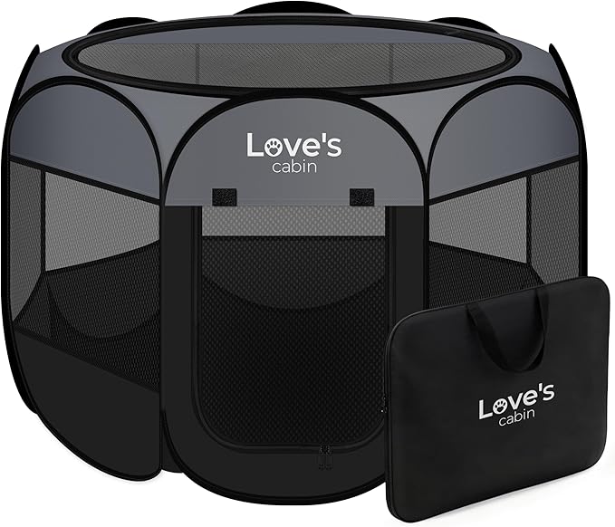 Love's cabin Pet Puppy Dog Playpen, Large Dog Tent Crates Cage Indoor/Outdoor, Portable Playpen for Cat, Foldable Pop Up Dog Kennel Playpen with Carring Case, Removable Zipper Top, Dark Grey