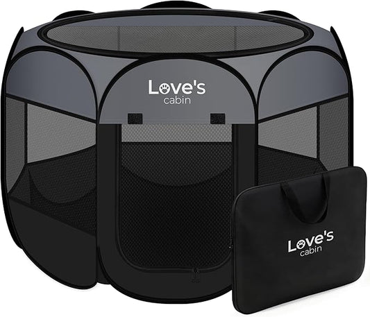 Love's cabin Pet Puppy Dog Playpen, Large Dog Tent Crates Cage Indoor/Outdoor, Portable Playpen for Cat, Foldable Pop Up Dog Kennel Playpen with Carring Case, Removable Zipper Top, Dark Grey