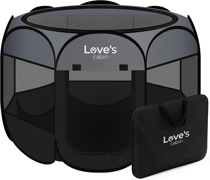 Love's cabin Pet Puppy Dog Playpen, Small Dog Tent Crates Cage Indoor/Outdoor, Portable Playpen for Cat, Foldable Pop Up Dog Kennel Playpen with Carring Case, Removable Zipper Top, Dark Grey