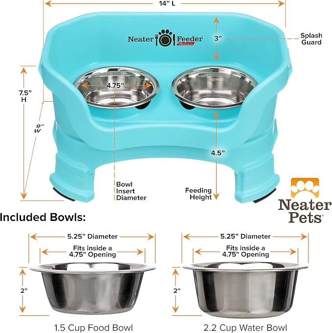Neater Feeder Deluxe Mess-Proof Elevated Dog Bowls for Small Dogs (Up to 19 lbs), 2 Height Adjustable (6” & 7.5”) No-Spill Raised Dog Bowl Stand, Stainless Steel Food Bowl Set, Made in USA, Aquamarine
