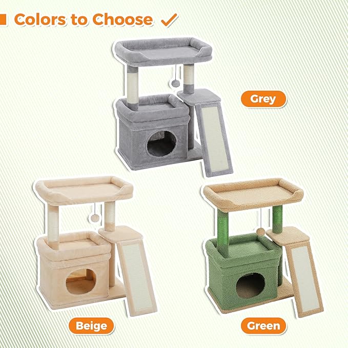PEQULTI Small Cat Tree Cactus Cat Tower for Large Adult Cats with Wide Top Perch, Private Cat Condo and Sisal Scratching Post&Pad for Indoor Cats, Green