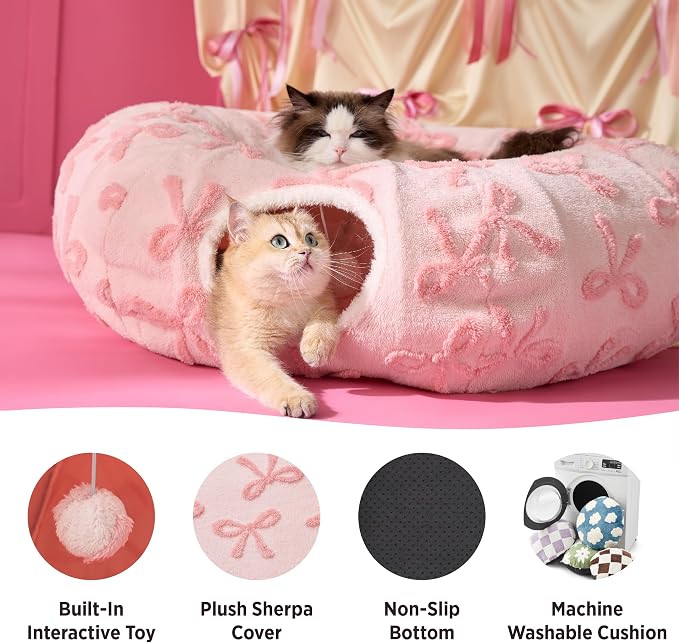 Lesure Donut Cute Jacquard Cat Tunnel Bed Kitten Toys for Puppy Bunny | 33.5x33.5x10in,Round Cat Bed Tube for Indoor Cats Rabbit Dog,Pet Peekaboo Cave Toy,Spiral Hideaway,Washable Cushion,Pink