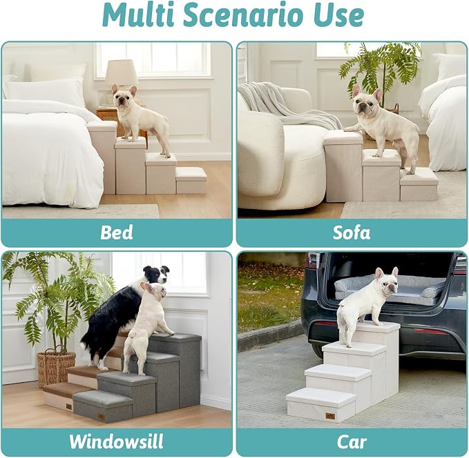 COZY KISS Dog Stairs with Storage, 3-Step Wider Sturdy Dog Steps for Small/Medium/Large Dogs and Older Cats, Folding Doggie Ramp for Bed/Couch Hold Up to 180 lbs (16.7" H, Beige)