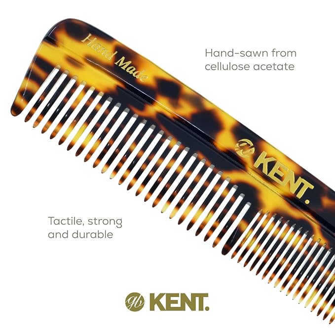 Kent R7T TY Fine and Wide Tooth Hair Comb, Handmade Pocket Comb for Mens Beard and Mustache for Everyday Grooming and Styling, Sawcut Hand polished, Made in England