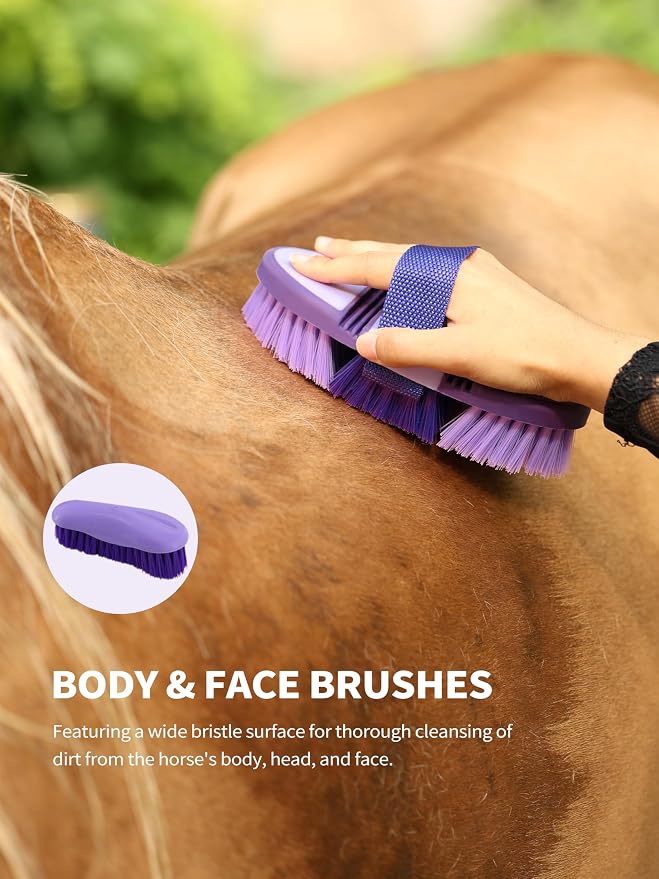 Harrison Howard Horse Grooming Kit 9 Piece with Tote Bag, Non-Slip Horse Brush Set for Shedding, Bathing, Hoof Care, Mane & Tail Grooming, Equine Grooming Supplies Purple