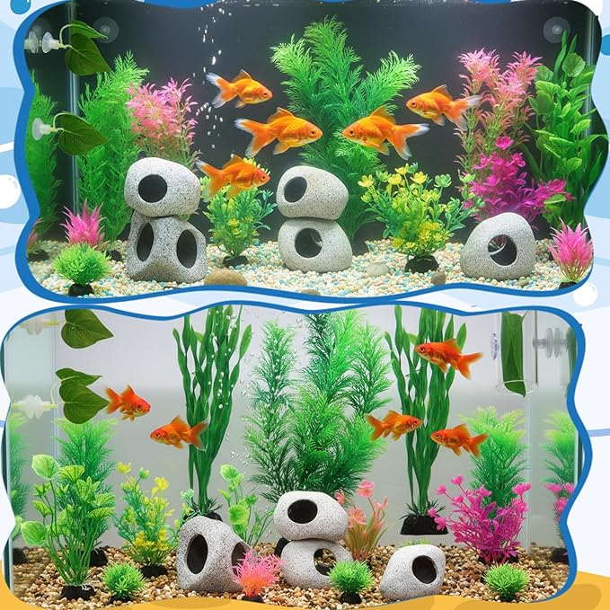 Kathfly 18 Pcs Aquarium Decorations Rock Set 4 Hideaway Rock Cave 2 Betta Fish Leaf Pad 1 Acrylic Tube Tunnel 11 Artificial Seaweed for Aquatic Pets to Breed Play and Rest Betta Shrimp Habitat