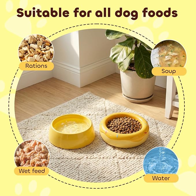 Donut Duo Ceramic Dog Bowl, Dog Water Bowl and Dog Food Bowl, Pet Bowls (Yellow)
