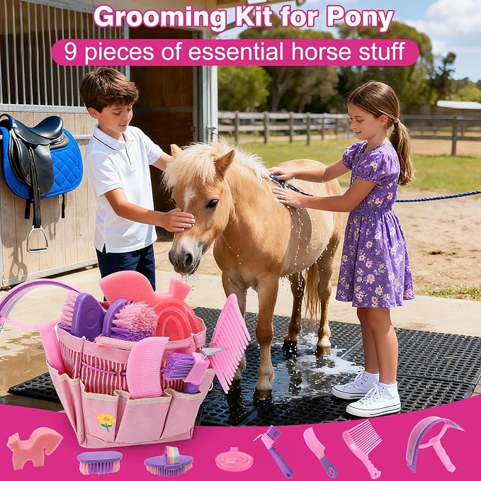 Horse Grooming Brush Kit, 9Pcs Horse-Brush Set with Organizer Tote Bag, Shower Brushes, Braiding Comb, Sweat Scraper, Hoof Pick, Shedding Massaging Tool Supplies for Riders Beginners, Pink
