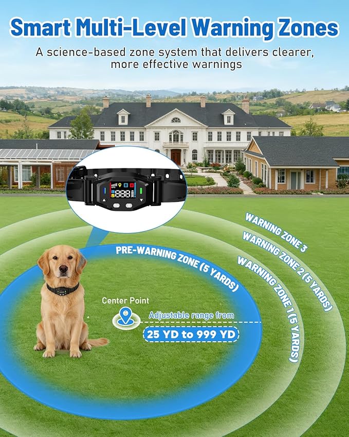 GPS Wireless Dog Fence, Electric Dog Collar Fence & Perimeter Containment System, IPX7 Waterproof Collar, 25–999 Yards Radius, Beep Vibration Shock Correction, for Dogs Over 18 lbs
