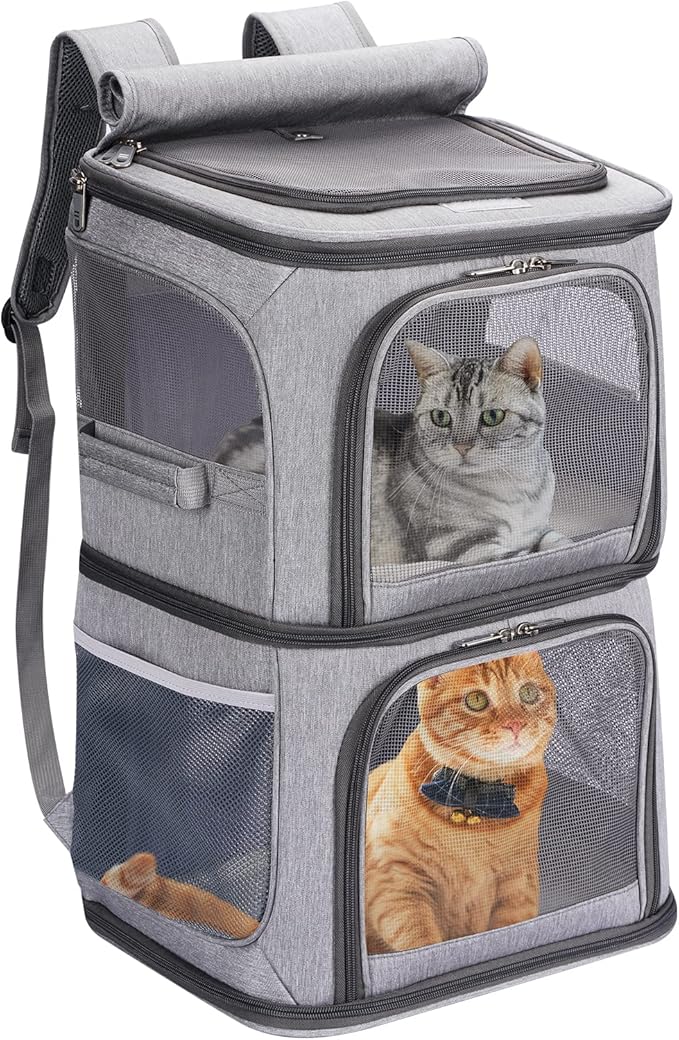 2-in-1 Double Pet Carrier Backpack for Small Cats & Dogs, Grey | Portable Pet Travel Carrier with Super Ventilated Design, Ideal for Hiking, Camping and Outdoor Adventures