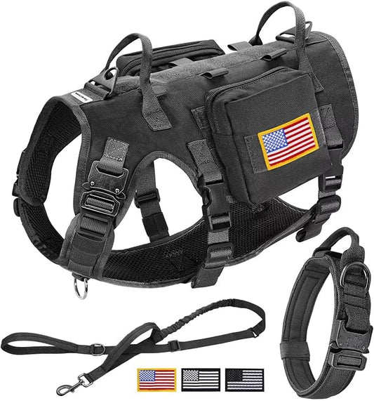Forestpaw Tactical Dog Harness for Large Dogs,Tactical Dog Collar with Bungee Leash Set,No Pull Military Dog Harness for Walking Training,Adjustable for Medium Large Dogs,Black,Chest 27-40"
