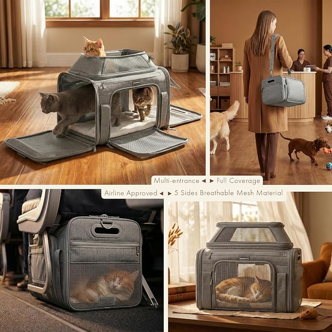 Top-Expandable Pet Carrier with Treat Pet Window,18x13x9.5 Airline Approved | for Southwest Frontier,Soft-Sided Dog Carrier, Anti-Scratch Mesh, Lockable Zippers,Cat Carrier for Kitten,Rabbit,Puppy, Grey