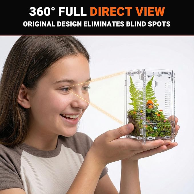 Jumping Spider Enclosure, Acrylic Terrarium with with Magnetic Doors, 0.8mm Micro-Ventilation, Stackable Escape-Proof Habitat for Jumping Spiders, Tarantulas & Small Reptiles, 3”x3”x6”
