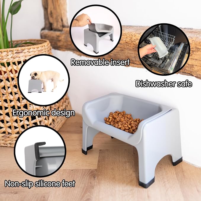 Fluff Trough Elevated Dog Bowl for Food | 5inch Tall Cat & Dog Feeding Station | Vet Approved Non-Toxic Silicone Feeder Bowl Insert | Raised Bowl for Medium and Small Dog/Pet with Flat Face (Gray)