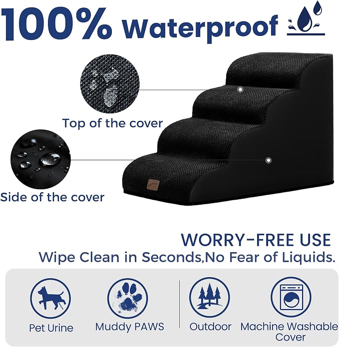 GoGoBunny Waterproof High Density Foam Curved Dog Stairs for High Beds Couches 19.7" H, 4-Step Ramp Dog Steps Friendly to Small Medium Dogs or Pets Joints, Non-Slip Balanced Durable Pet Step, Black