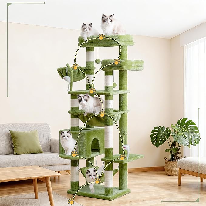 Gitelsnour Cat Tree, Cat Tower for Large Cats with 2 Big Platforms, 2 Baskets, condo and Toys, 63" Cat Scratching Posts for Indoor Cats, Green GCT020GR