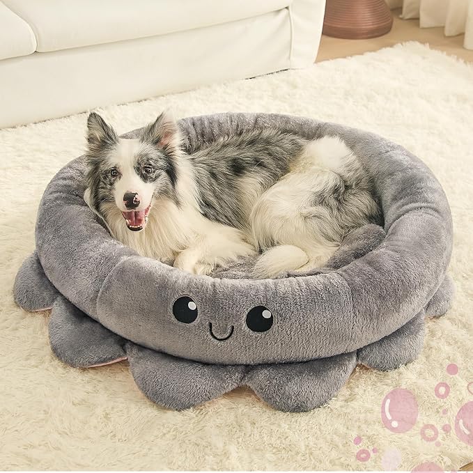 Cute Calming Dog Beds Clearance for Large and Extra Dogs, Anxiety Bolster Dog Bed with Octopus Shape, Grey, XL, Boho, Round Pet Bed Cat with Removable Cushion