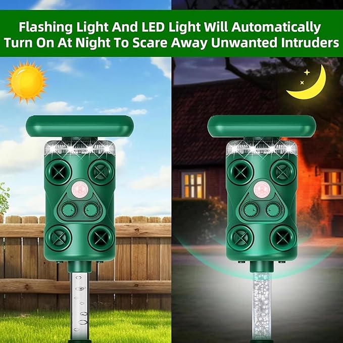 Solar Ultrasonic Deer Repellent Device – Animal & Raccoon Repellent Outdoor with Motion Sensor Flashing LED, IP54 Waterproof Wildlife Deterrent, 13.5–45.5KHz Dual Chip Pest Repeller 2PK