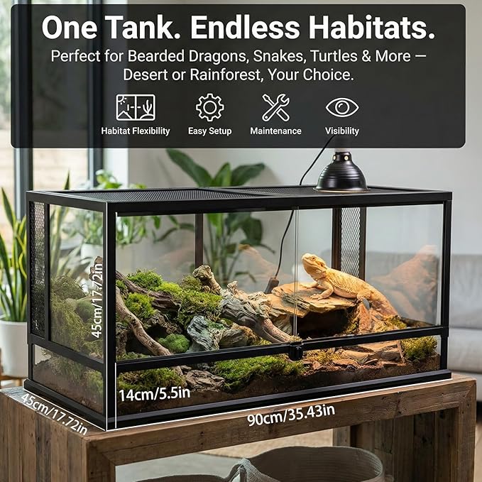 40 Gallon Reptile Tank: 36x18x18 Front Opening Reptile Enclosure with Door Lock Glass Terrarium with Three-Sided Screen Ventilation - Large Bearded Dragon Tank for Snake Turtle Gecko Lizard