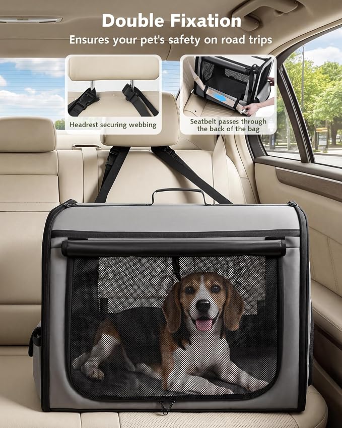 Dog Car Carrier Light Weight 27×20.5×20.5in, Foldable Dog Carrier, Gray | Easy to Assemble, Portable and Breathable Pet Carrier, Suitable for Indoor and Outdoor Use, Dog Travel Crate with Curtain
