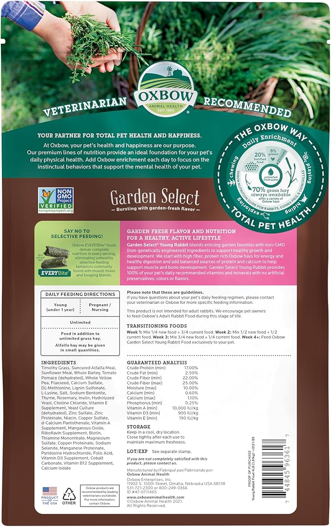 Oxbow Garden Select Rabbit Food, Young, Made with Oxbow Alfalfa for Rabbit, Bunny Food Pellets, Non-GMO, No Soy or Wheat, Small Animal Pet Products, Made in USA, High Fiber, 4 lb. Bag