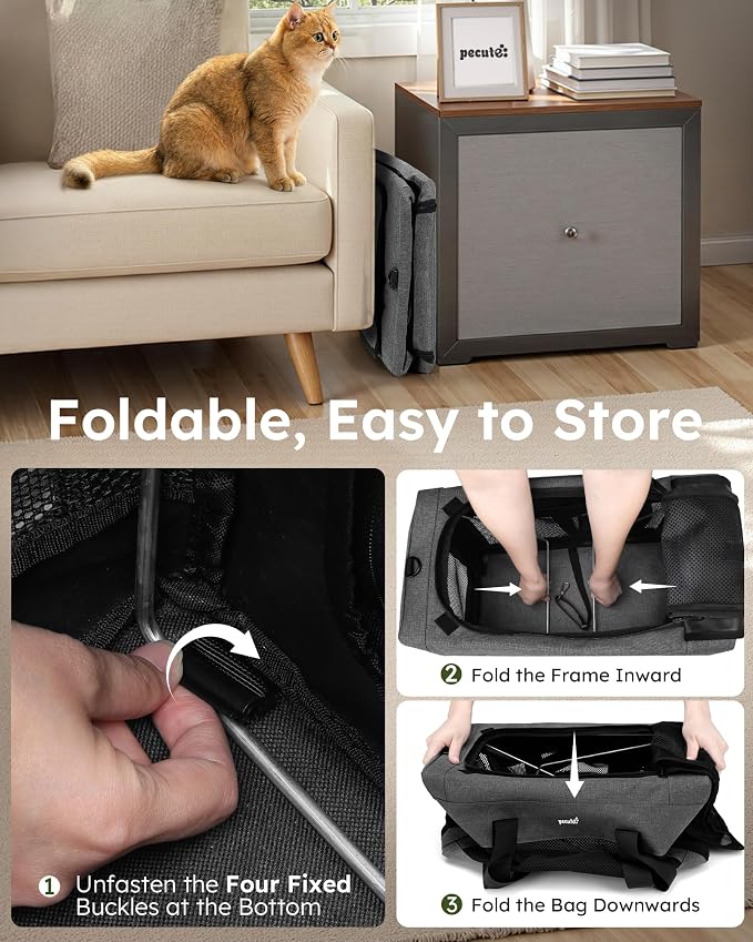 Pecute Cat Carrier, Portable Travel Dog Carrier with Stable Structure, Grey | Larger Space, 360° Ventilation & Comfort, Escape-Proof, for Travel / Car Trips / Vet Visits, Fits Cats up to 11 lbs