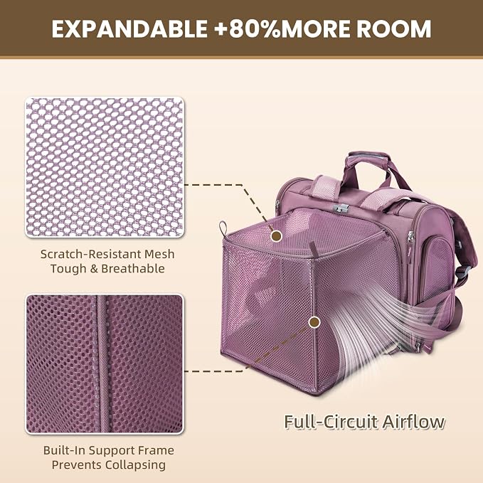 Expandable Cat Carrier Backpack for Large Cats - Airline Approved Pet Carrier Backpack for Small Dogs, Hiking & Travel, Waterproof with Breathable Mesh, 22lbs Capacity (Plum, Large)