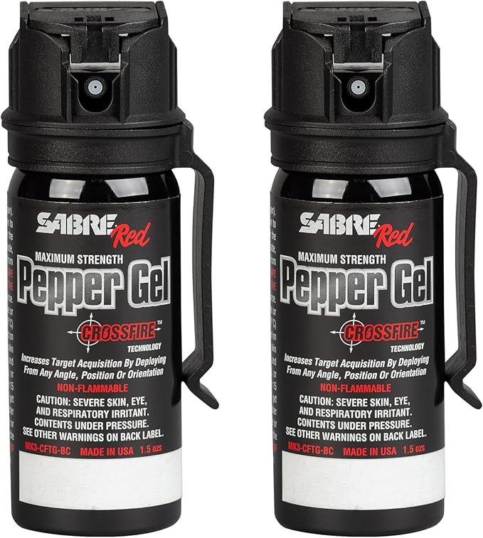 Gel poivre SABRE Crossfire, déploiement sous tous les angles, maximise l'acquisition de cible contre de multiples menaces, clip de ceinture pour un transport facile, couvercle rapide, OC puissance maximale, option spray au poivre 44 ml
