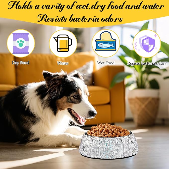 SlowVibes Bling Stainless Steel Dog Cat Bowl, Detachable, 12 oz | Rhinestone metal food or water bowl for small medium dogs and cats, rust-resistant non-slip puppy dish, sparkle pet essential