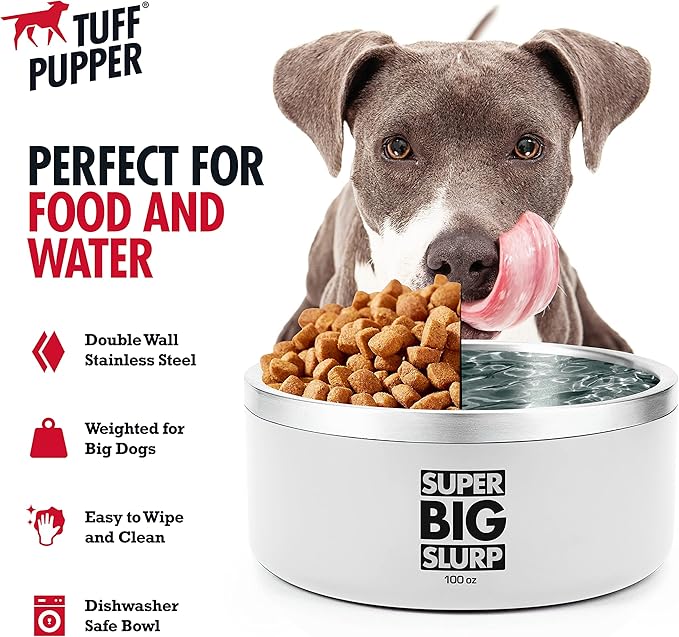 Tuff Pupper 100 oz Heavy Duty Insulated Stainless Steel Dog Bowl for Large Dogs, Non-Slip Base, Dishwasher Safe