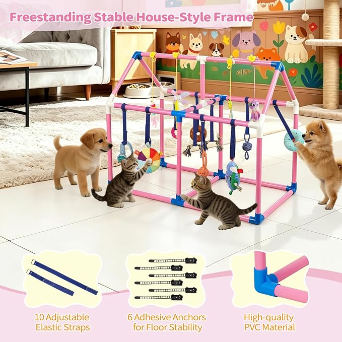 Liitrton Puppy Play Gym for Small Dogs & Kittens, Large PVC Pink Frame | Indoor Puppy Jungle Gym with 14 Hanging Enrichment Toys, Reduce Puppy & Cats Boredom