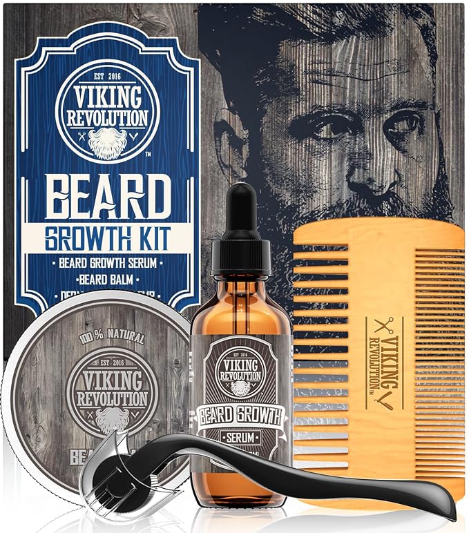 Viking Revolution Beard Growth Kit - 4 Products Included | Advanced Growth Formulation - Balm (2oz), Serum (2fl oz), Derma Roller & Wooden Comb for Beard & Mustache Growth