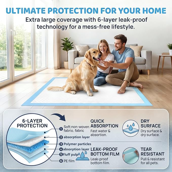 40 Count Extra Large Dog Pee Pads 31" x 55", 6-Layer Soft Highly Absorbent Puppy Pads, Quick Dry Odor Control Potty Pads for Large Dogs & Multi-Pet Families, Leak-Proof Dog Training Pads
