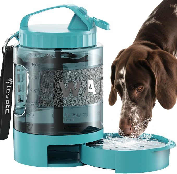 lesotc Portable Dog Water Bowl Dispenser - 77oz Travel Water Bottle with Pop-Out Drinking Bowl, No-Spill Design for Camping, Hiking & Car Rides - Keep Your Dog Hydrated Anywhere, LightBlue