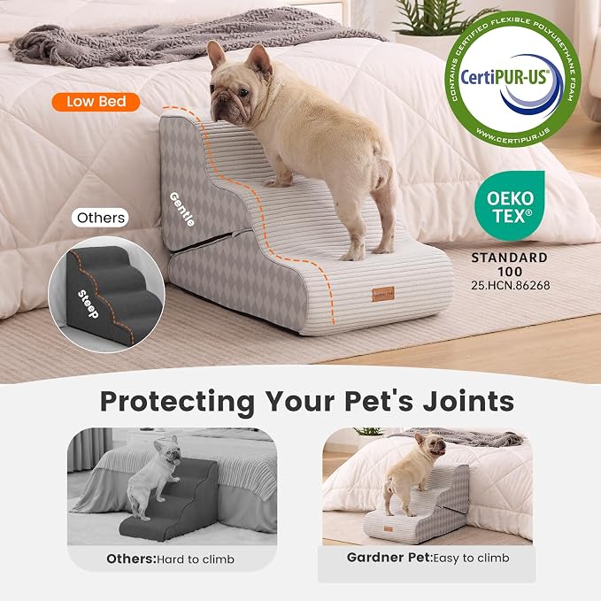 Gardner Pet Dog Stairs for Small Dogs 16.5" H, 2 in 1 Transformable 3-Step Pet Stairs and Ramp, Dog Steps for Couch Bed (13-20 in) Non-Slip Waterproof Cover and CertiPUR-US Certified Foam, Checked