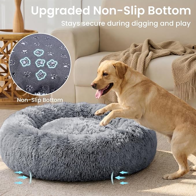 JOLLYVOGUE Calming Dog Beds Extra Large Sized Dog, 45in Donut Washable Large Pet Bed, Anti-Slip & Anti-Anxiety Fluffy Faux Fur Round Dogs Bed, Fits up to 125 lbs Pets (Smoke Black)