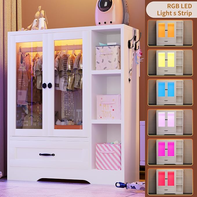 kepptory Large Pet Wardrobe Closet with LED Light, 3 Tiers Storage Shelves & Drawer, White Pet Clothes Organizer Cabinet with Hanging Rod, Multi-Functional Pet Closet for Dogs & Cats Clothing, Toys