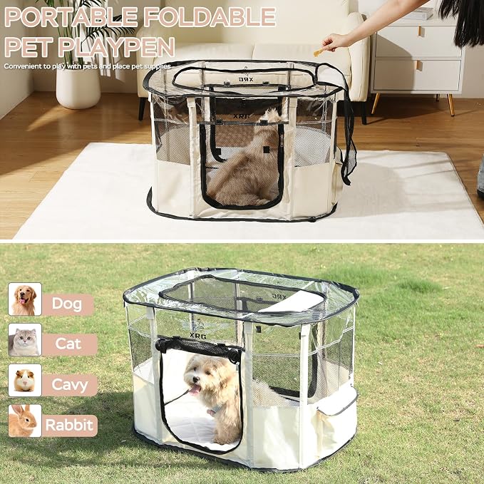 XRG Foldable Dog Playpen with Pad,Indoor Cat Kennel M(31.5"x23.6"x21.7") | Portable Dog Crates with Upgrade Breathable Mesh，Sturdy Cat cage Indoor & Outdoor for Rabbit or Small Animals，Beige