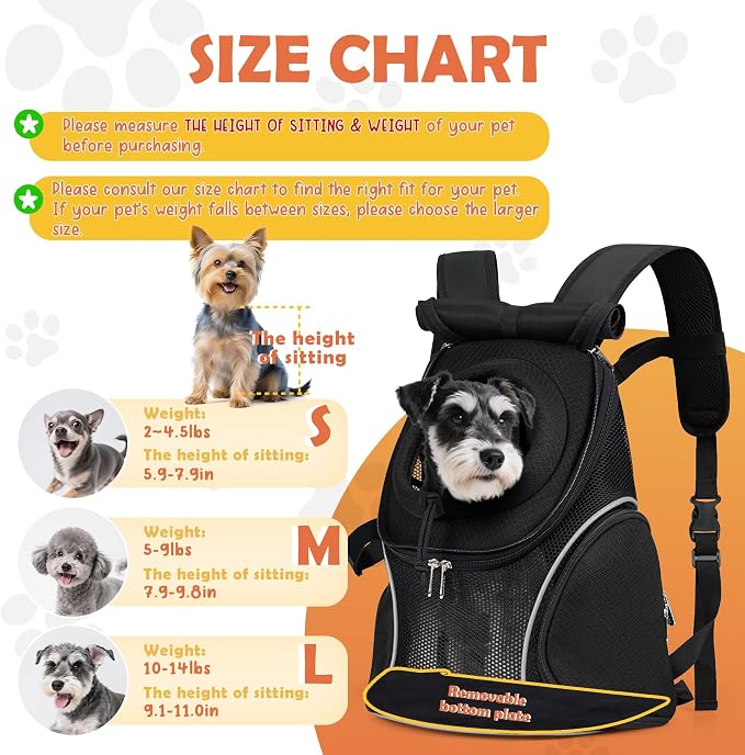 WOYYHO Pet Dog Carrier Backpack with Windows, Ventilated Small Dog Backpack | Breathable Top & Side Windows, Safety Belt, Storage Pockets, Small Dog Front Backpack, for Travel Hiking Outdoor, Black2.0, M