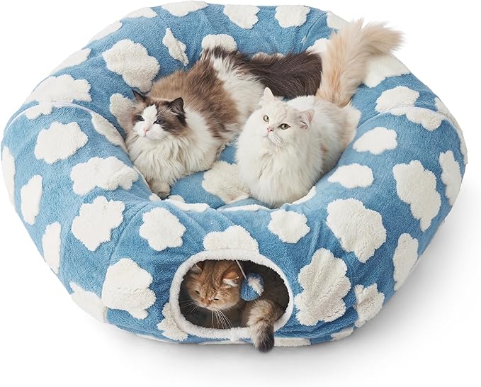Lesure Donut Cute Jacquard Large Cat Tunnel Bed Kitten Toys for Dog Bunny | 39.5x39.5x10in,Round Large Cat Bed Tube for Multi Kittens,Pet Peekaboo Cave Toy,Spiral Hideaway,Washable Cushion,Blue
