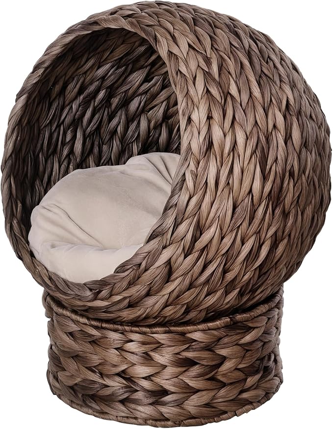 PawHut Handwoven Elevated Cat Bed with Soft Cushion & Egg Chair Shape, Basket Kitty House with Stand, Raised Wicker Cat Bed for Indoor Cats, 23.5" H, Gray | Soft Cushion, Basket Bed Kitty House with Stand, Raised Wicker House