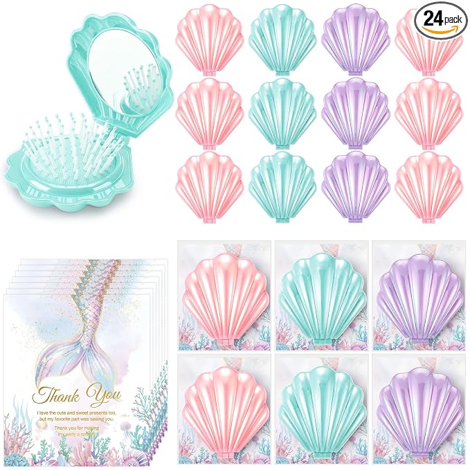 LemonRoad 24 Sets Mermaid Party Favors Shell Hair Brush with Mirror Card, Foldable Mini Travel Compact Hair Brush for Women Birthday, Bachelorette, Under The Sea, Beach Party Gifts(Pink Purple Teal)