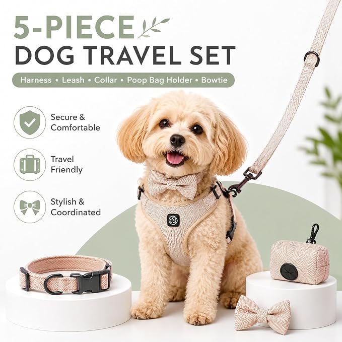 EVERKING 5-Piece Dog Travel Set, Adjustable Harness, Leash, Collar, Poop Bags, Bowtie for Small Medium Dogs, Beige, Breathable No-Pull Design (Beige, M)