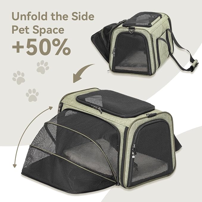 Petsfit Medium Expandable Cat Carrier for Air Travel, Up to 13 lb | 17 x 11 x 11 in; sized for Delta Airlines, with locking zippers, a handy D-ring, large pocket and multi-side ventilation.