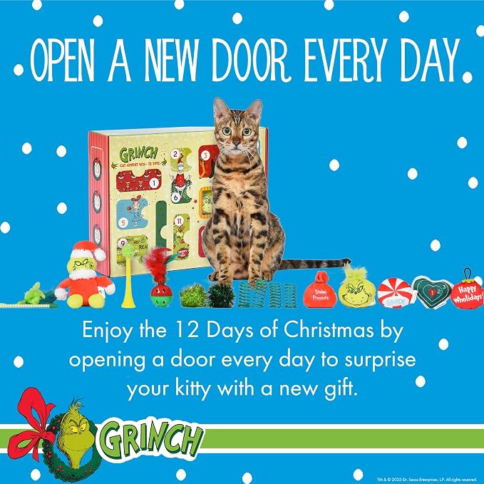 Dr. Seuss for Pets How the Grinch Stole Christmas Cat Advent Box with 12 Surprise Toys and Accessories Cat Stocking Stuffers, Cat Christmas Gifts, Christmas Gifts for Cats
